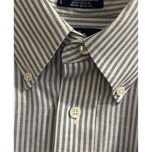 STAFFORD Oxford Dress Shirt Men Size 17.5 x 33 Blue White Striped Wrinkle Free